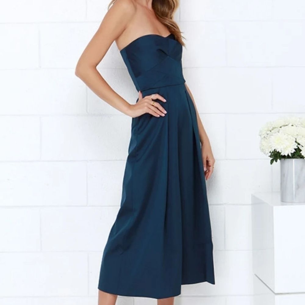 Keepsake The Label Blue True Awakening Satin Strapless Wide Leg Cropped Jumpsuit - Picture 2 of 9